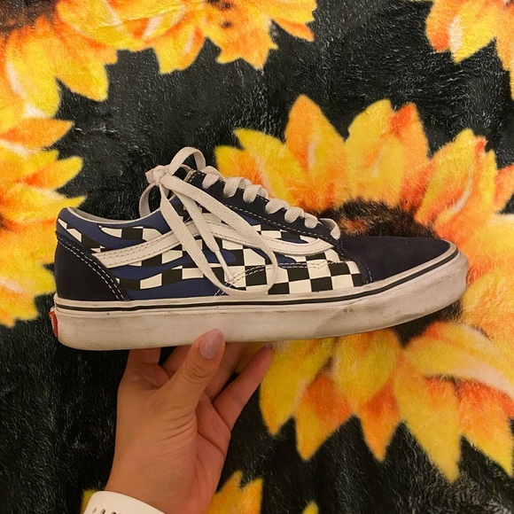 navy blue checkered flame vans